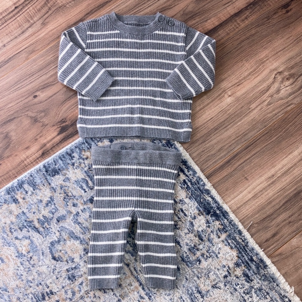 #95. Carter’s - Little Planet - Gray & White Striped Knit Baby Sweater Set